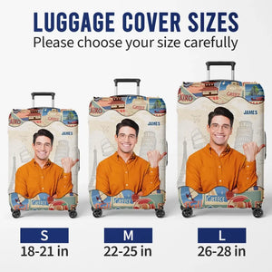 Housse de bagage personnalisée avec photo « Un homme adore voyager » - Cadeau de vacances, cadeau pour les amoureux du voyage d'aventure