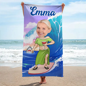 Serviette de plage personnalisée avec photo « Moi et l'océan » - Cadeau pour les vacances d'été, un anniversaire, une fête à la piscine, pour mari, femme et famille