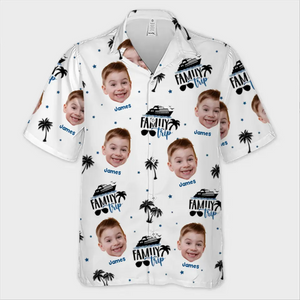 Photo personnalisée « Le bonheur est une journée d'été en famille » - T-shirt hawaïen tropical unisexe personnalisé pour la famille - Cadeau de vacances d'été pour les membres de la famille