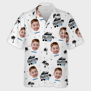 Photo personnalisée « Le bonheur est une journée d'été en famille » - T-shirt hawaïen tropical unisexe personnalisé pour la famille - Cadeau de vacances d'été pour les membres de la famille