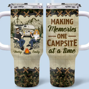 Notre histoire d'amour est un voyage - Gobelet personnalisé en acier inoxydable de 113 ml avec poignée - Cadeau pour mari, femme et amoureux du camping