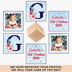 Photo personnalisée Votre premier Noël est le premier chapitre de notre nouvelle histoire familiale - Ornement de cube en bois personnalisé pour la famille - Cadeau de Noël pour bébé, enfants, nouveau-né