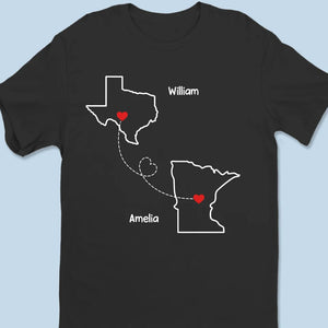 Distance Is Temporary But Our Love Is Forever - Couple Personalized Custom Unisex T-shirt, Premium T-shirt, Hoodie - Gift For Husband Wife, Anniversary, Long Distance Relationship