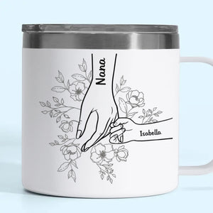 Forever Her Children, Forever In Her Hands - Family Personalized Custom 14oz Stainless Steel Tumbler With Handle - Mother's Day, Gift For Mom, Grandma