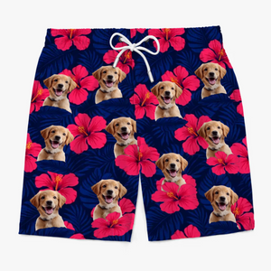 Short de plage hawaïen personnalisé avec photo de chiot tropical - Short de plage hawaïen personnalisé pour chien et chat - Cadeau de vacances d'été pour propriétaires et amoureux des animaux