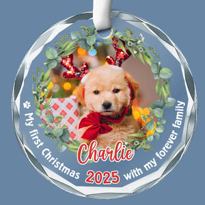 Photo personnalisée : Célébrez Noël avec vos amis à quatre pattes - Ornement en verre rond personnalisé pour chien et chat - Nouveauté, cadeau de Noël pour les propriétaires d'animaux, les amoureux des animaux, premier Noël AMZ
