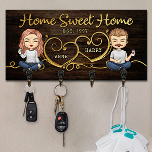 Home Sweet Home - Porte-clés personnalisé, porte-clés - Cadeau pour couples mari femme 4-5 crochets à clés Panneau familial décoratif en bois avec crochets Porte-clés pour décoration murale (homme-femme)