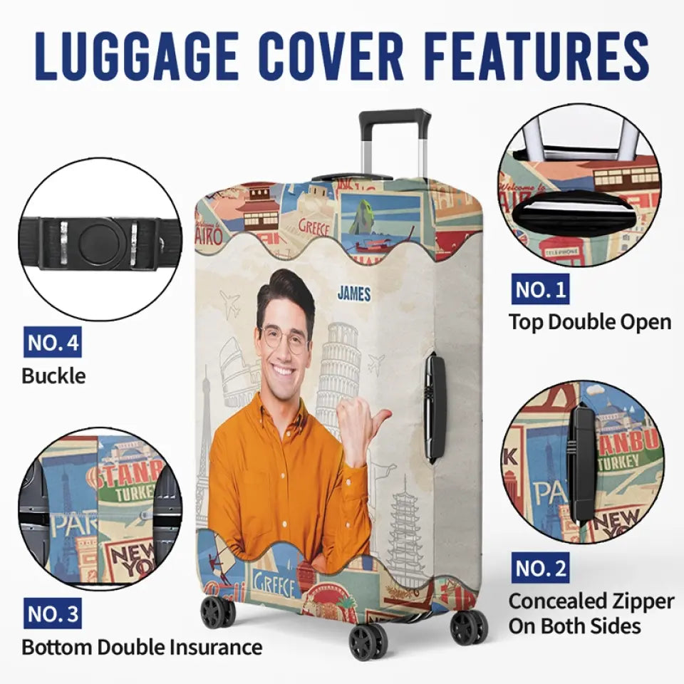 Housse de bagage personnalisée avec photo « Un homme adore voyager » - Cadeau de vacances, cadeau pour les amoureux du voyage d'aventure