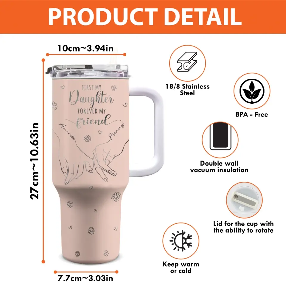D'abord ma fille, pour toujours mon amie - Gobelet personnalisé en acier inoxydable de 113 g avec poignée - Cadeau pour la fête des mères, pour maman et grand-mère