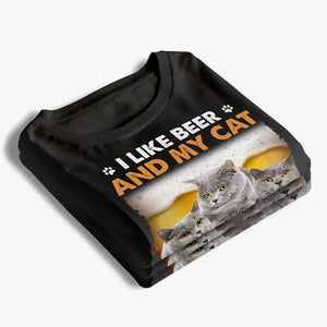 T-shirt, sweat à capuche et sweat-shirt unisexe personnalisé avec photo « J'aime la bière et mes chats » - Cadeau pour propriétaires et amoureux des animaux
