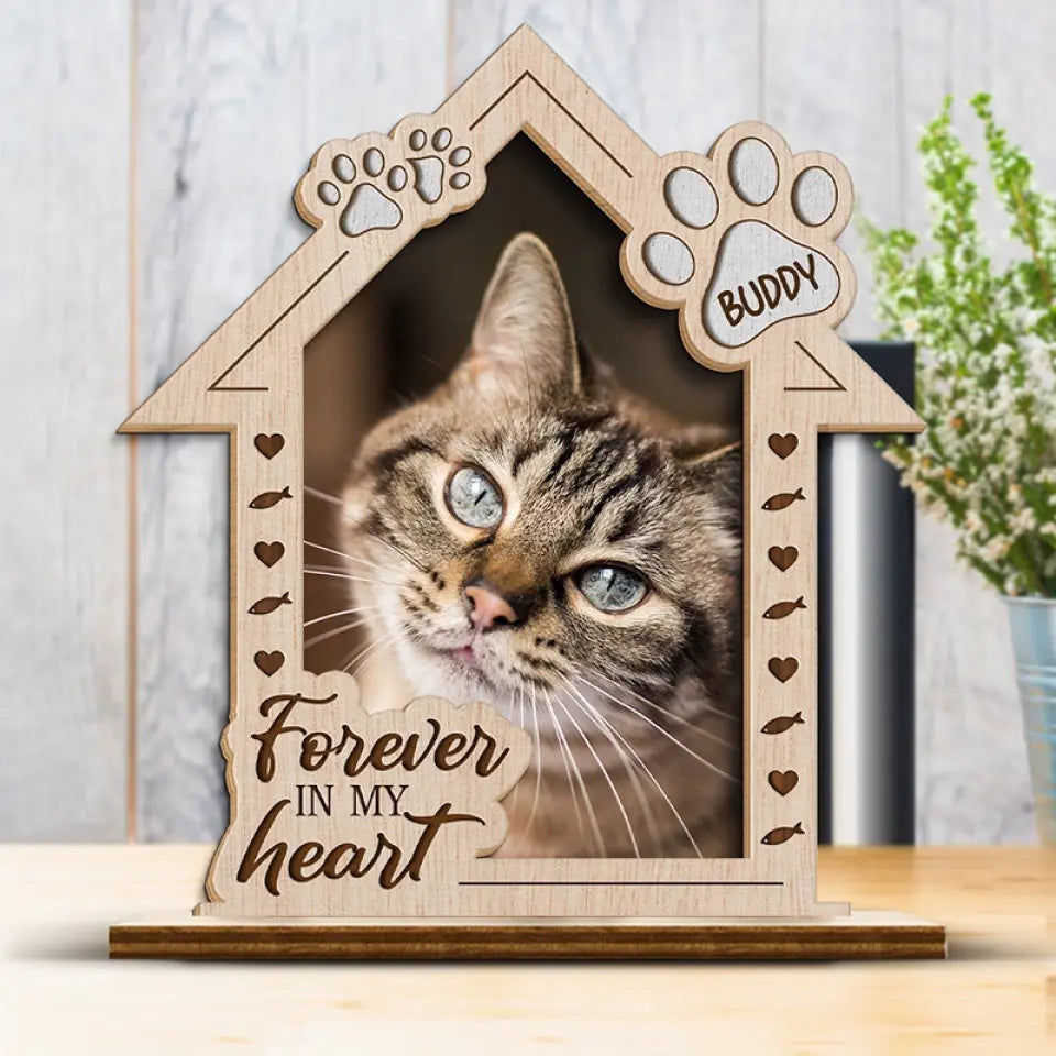Photo personnalisée « Un moment dans mes bras, pour toujours dans mon cœur » - Plaque commémorative personnalisée en bois à 2 couches avec support plat - Cadeau de pendaison de crémaillère pour propriétaires et amoureux des animaux