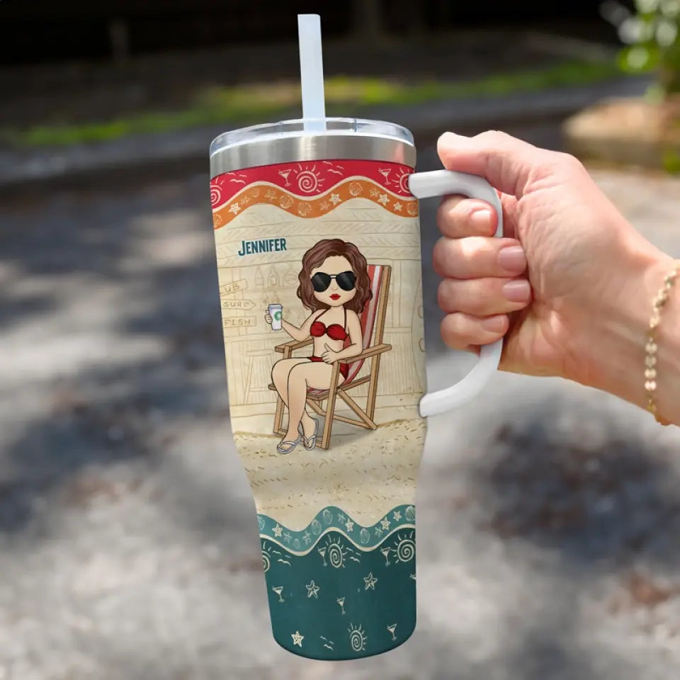 Juste une fille qui aime la plage - Gobelet personnalisé en acier inoxydable de 113 ml avec poignée - Cadeau de vacances d'été pour meilleures amies, meilleures amies et sœurs