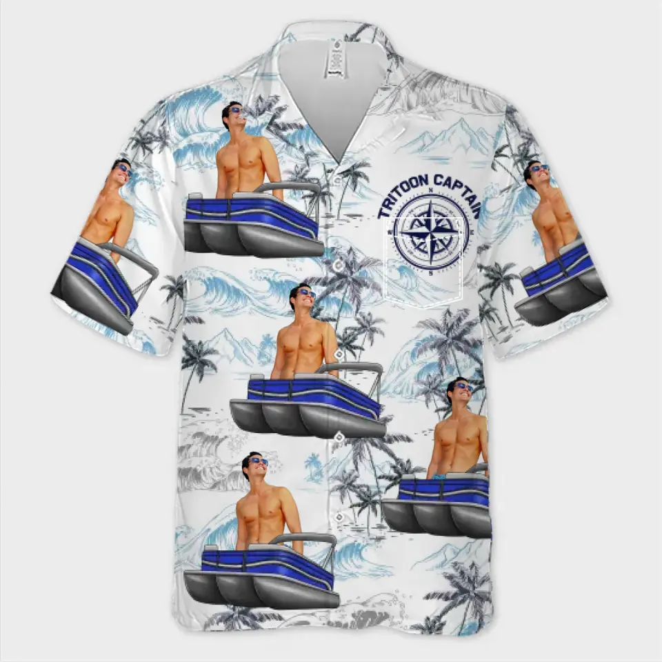 Custom Photo Sailing Into Serenity - Family Personalized Custom Unisex Tropical Hawaiian Aloha Shirt - Gift For Family Members, Pontoon Lovers