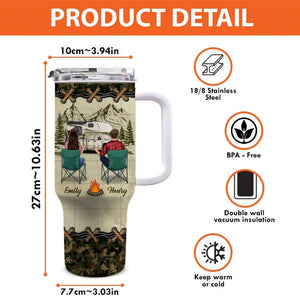 Ensemble, nous atteignons nos objectifs de camping ! Gobelet personnalisé en acier inoxydable de 1 134 ml avec poignée ! Cadeau idéal pour les amoureux du camping.