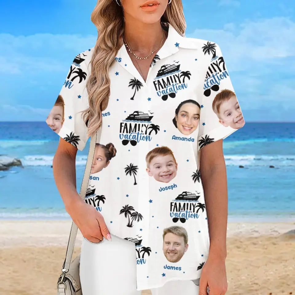 Photo personnalisée « Le bonheur est une journée d'été en famille » - T-shirt hawaïen tropical unisexe personnalisé pour la famille - Cadeau de vacances d'été pour les membres de la famille