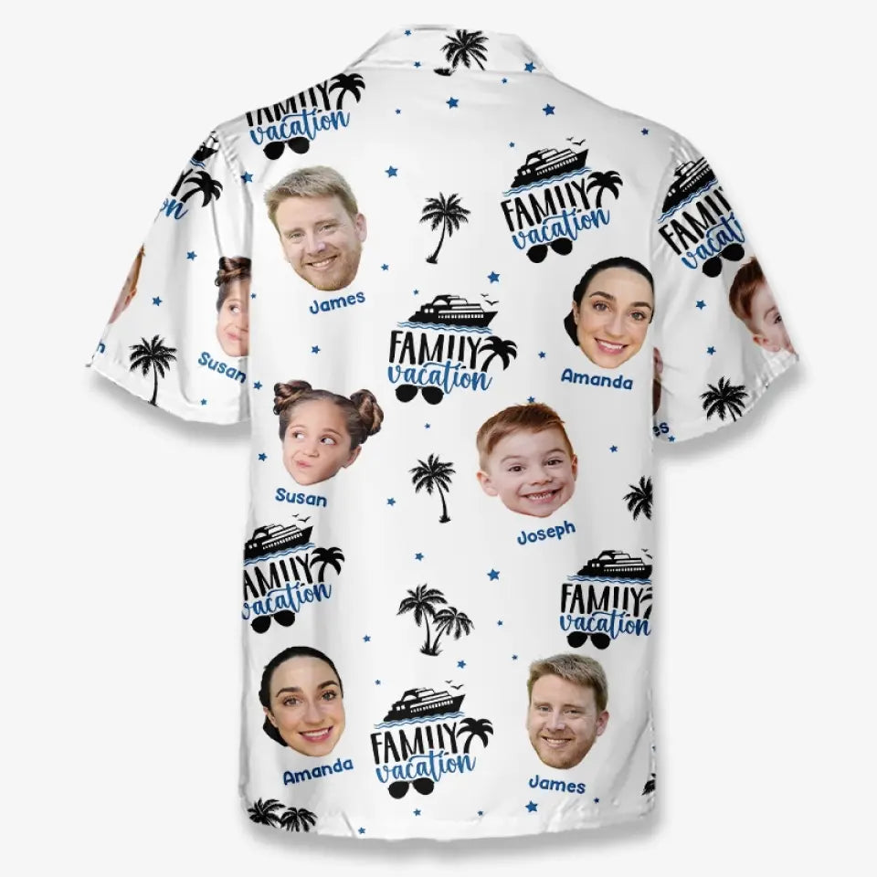 Photo personnalisée « Le bonheur est une journée d'été en famille » - T-shirt hawaïen tropical unisexe personnalisé pour la famille - Cadeau de vacances d'été pour les membres de la famille