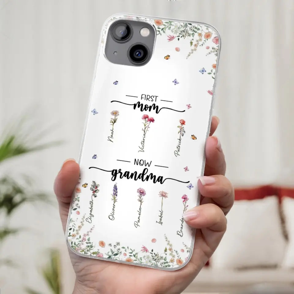 Première maman, maintenant grand-mère - Coque de téléphone transparente personnalisée pour la famille - Cadeau pour maman et grand-mère