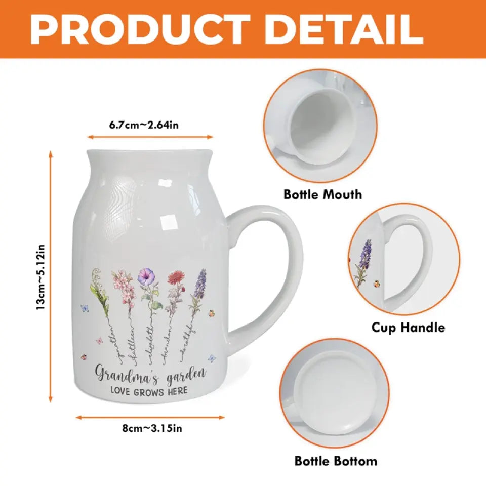 Un jardin d'amour pousse dans le cœur d'une grand-mère - Vase à fleurs personnalisé pour la décoration intérieure - Cadeau de fête des mères, de pendaison de crémaillère pour maman et grand-mère
