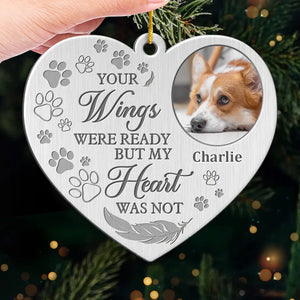 Photo personnalisée « Puissiez-vous trouver du réconfort dans les bras d'un ange » - Ornement commémoratif personnalisé - Forme personnalisée en métal - Cadeau de condoléances, cadeau de Noël pour propriétaires d'animaux et amoureux des animaux