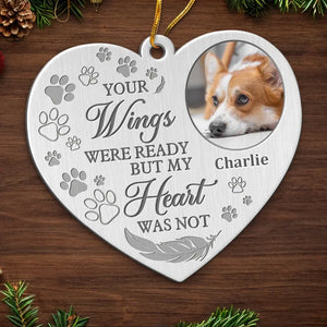 Photo personnalisée « Puissiez-vous trouver du réconfort dans les bras d'un ange » - Ornement commémoratif personnalisé - Forme personnalisée en métal - Cadeau de condoléances, cadeau de Noël pour propriétaires d'animaux et amoureux des animaux
