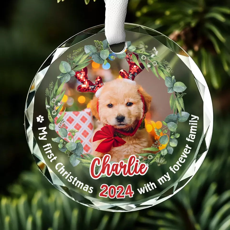 Photo personnalisée : Célébrez Noël avec vos amis à quatre pattes - Ornement en verre rond personnalisé pour chien et chat - Nouveauté, cadeau de Noël pour les propriétaires d'animaux, les amoureux des animaux, premier Noël AMZ
