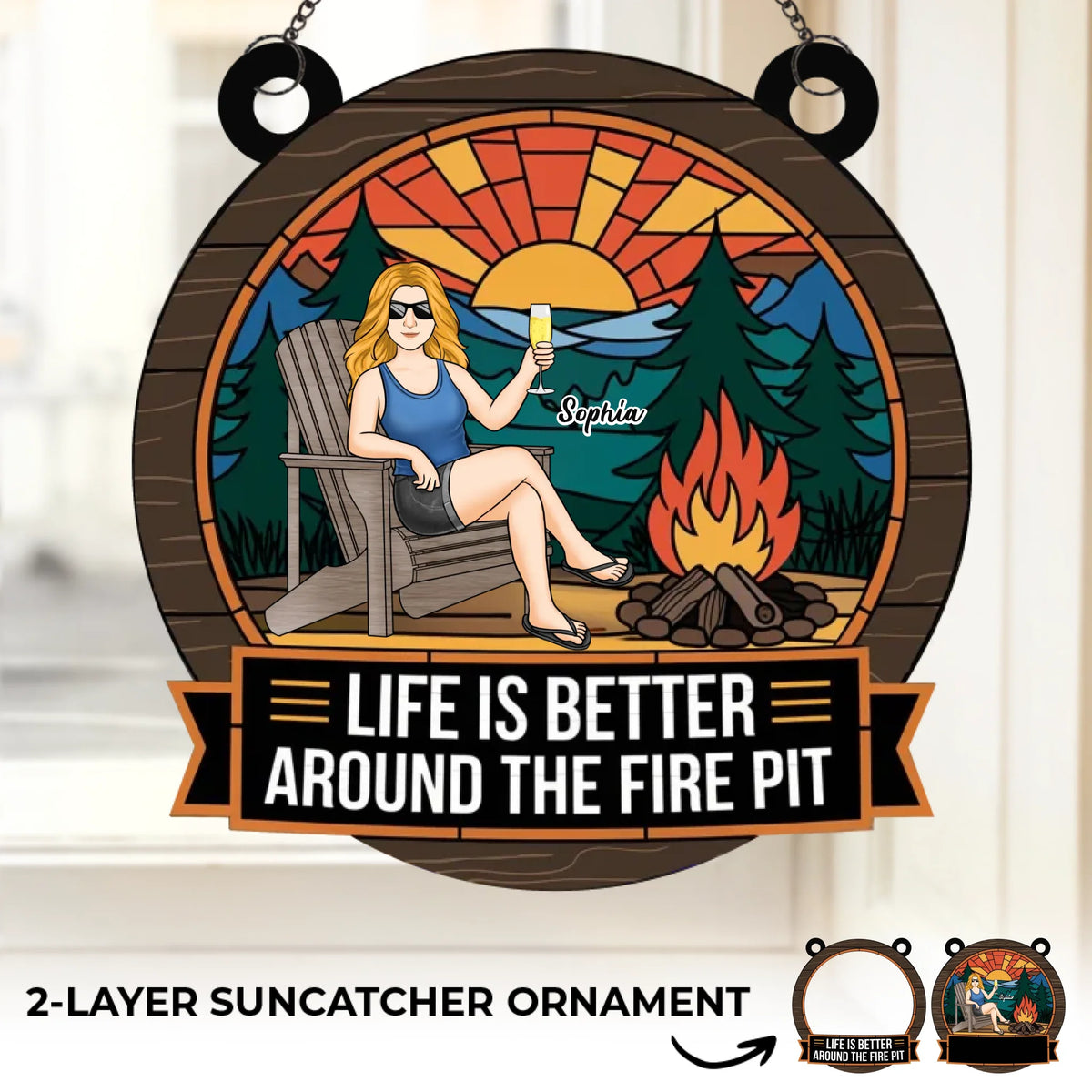 Chaleur du feu, paix de la nuit - Ornement attrape-soleil personnalisé pour fenêtre - Cadeau pour vous-même, vos meilleurs amis, vos frères et sœurs, les membres de votre famille