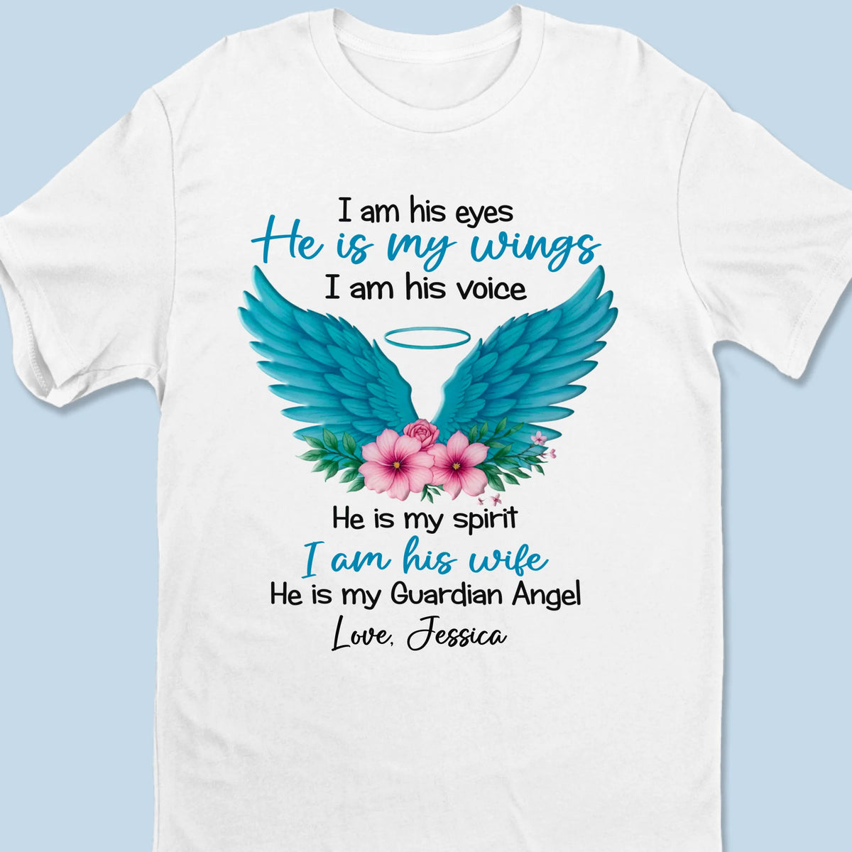 Il est mon ange, je suis sa femme - T-shirt unisexe personnalisé commémoratif, T-shirt premium, sweat à capuche - Cadeau de condoléances pour les membres de la famille