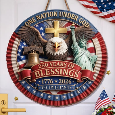 Custom Wood Sign - Personalized America 250th Anniversary Gifts For Mom, Dad, Brother, Sister, Kids - One Nation Under God