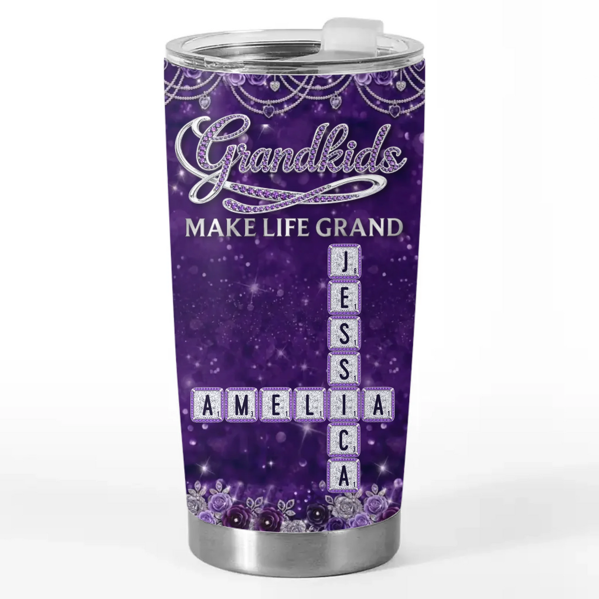 Custom Scrabble Tumbler - Personalized Mother's Day Birthday Gifts For Mom, Grandma - Powered By Love And Coffee