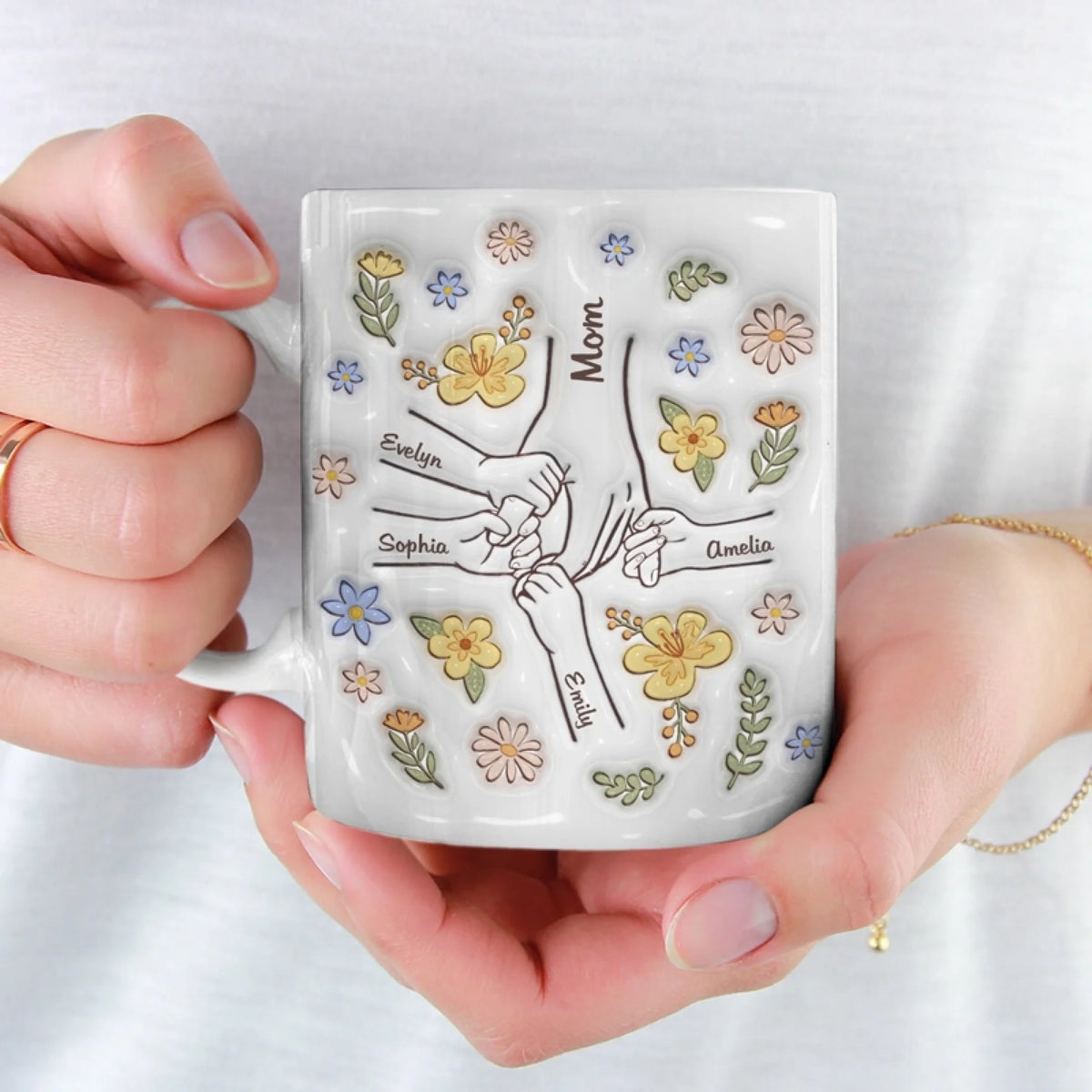 Tu tiens nos mains, et nos cœurs aussi - Mug personnalisé 3D à effet gonflé - Cadeau pour maman, grand-mère