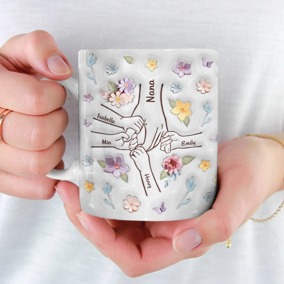 Maman, tu tiens ma main, et mon cœur aussi - Mug personnalisé 3D avec effet gonflé - Cadeau pour la fête des mères, maman, grand-mère