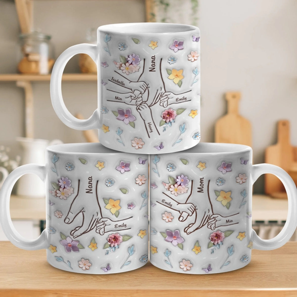 Maman, tu tiens ma main, et mon cœur aussi - Mug personnalisé 3D avec effet gonflé - Cadeau pour la fête des mères, maman, grand-mère