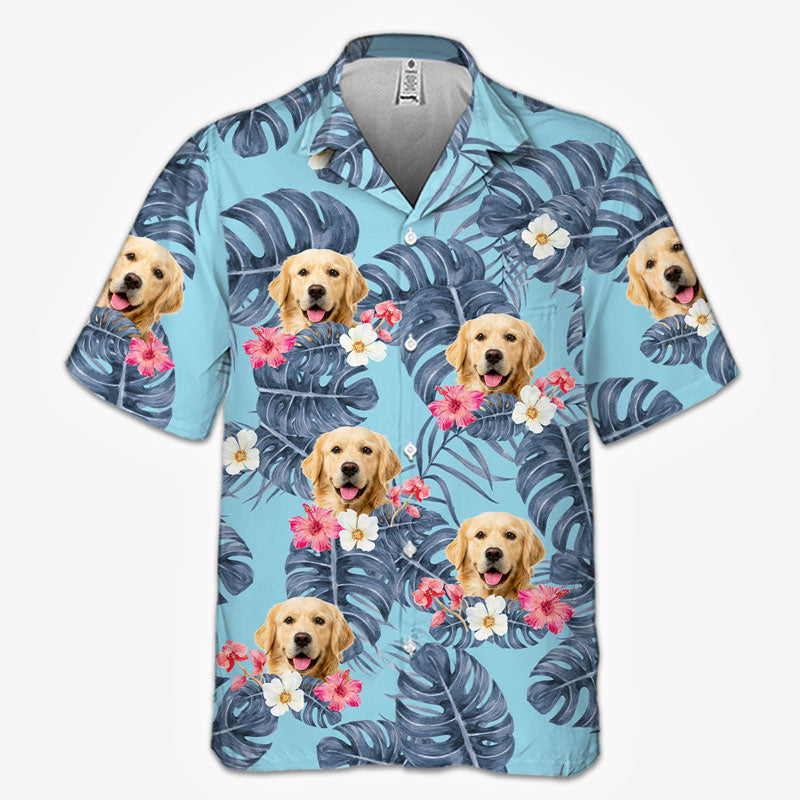 Feuilles tropicales et animaux de compagnie - T-shirt hawaïen unisexe personnalisé pour chien et chat - Télécharger une image, visage de chien, visage de chat - Cadeau vacances d'été, cadeau pour propriétaires d'animaux et amoureux des animaux