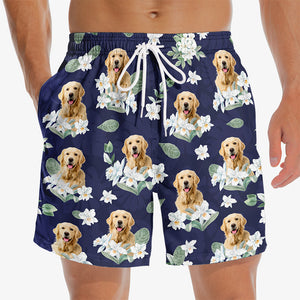 Short de plage hawaïen personnalisé avec photo « Sauvage et libre comme la mer » pour homme, motif tropical Aloha, pour chien et chat - Cadeau idéal pour les vacances d'été, les anniversaires et les amoureux des animaux.