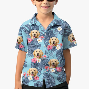 T-shirt hawaïen unisexe personnalisé avec photo de feuilles tropicales et d'animaux de compagnie pour chien et chat - Cadeau d'été, d'anniversaire pour enfants, propriétaires d'animaux et amoureux des animaux