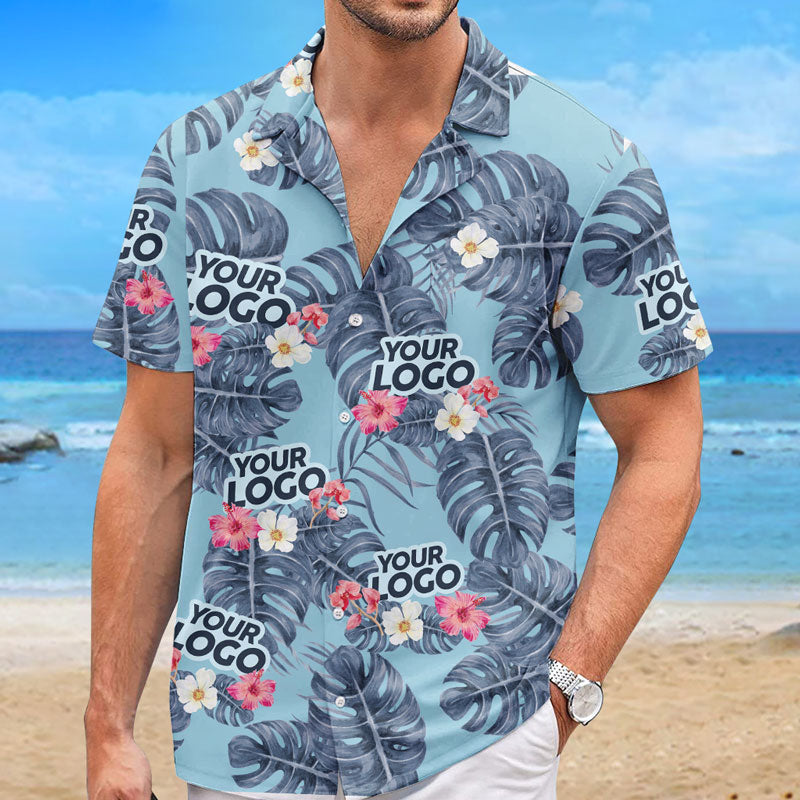 T-shirt hawaïen unisexe personnalisé avec photo et feuilles tropicales - Ambiance estivale - Logo de l'entreprise - Cadeau vacances d'été, cadeau pour collègue ou membre de l'équipe