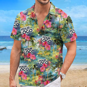 T-shirt hawaïen unisexe personnalisé avec photo « Que l'été commence » - Logo de l'entreprise - Cadeau de vacances d'été, cadeau pour collègue ou membre de l'équipe