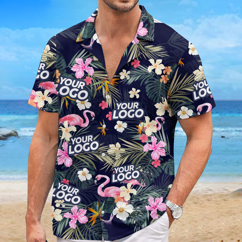Chemise hawaïenne unisexe avec photo personnalisée « Brise océanique » et logo d'entreprise ; cadeau idéal pour les vacances d'été, les collègues et les membres de l'équipe.