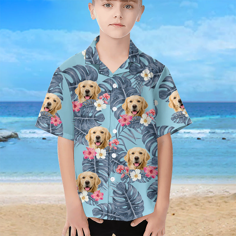 T-shirt hawaïen unisexe personnalisé avec photo de feuilles tropicales et d'animaux de compagnie pour chien et chat - Cadeau d'été, d'anniversaire pour enfants, propriétaires d'animaux et amoureux des animaux