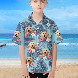 T-shirt hawaïen unisexe personnalisé avec photo de feuilles tropicales et d'animaux de compagnie pour chien et chat - Cadeau d'été, d'anniversaire pour enfants, propriétaires d'animaux et amoureux des animaux