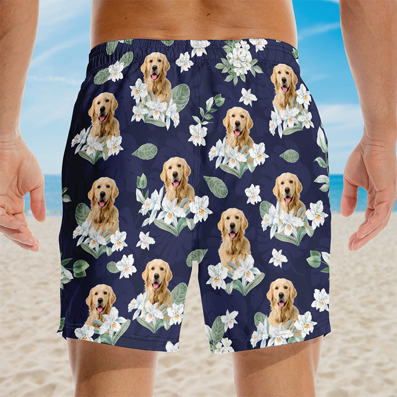 Short de plage hawaïen personnalisé avec photo « Sauvage et libre comme la mer » pour homme, motif tropical Aloha, pour chien et chat - Cadeau idéal pour les vacances d'été, les anniversaires et les amoureux des animaux.
