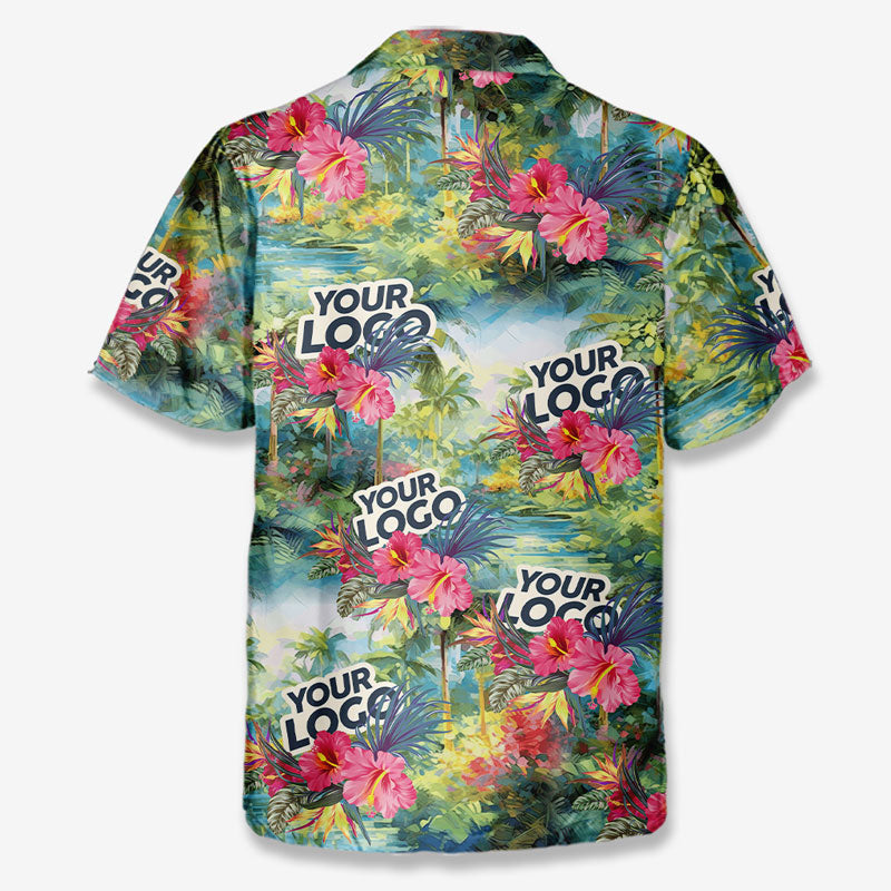 T-shirt hawaïen unisexe personnalisé avec photo « Que l'été commence » - Logo de l'entreprise - Cadeau de vacances d'été, cadeau pour collègue ou membre de l'équipe