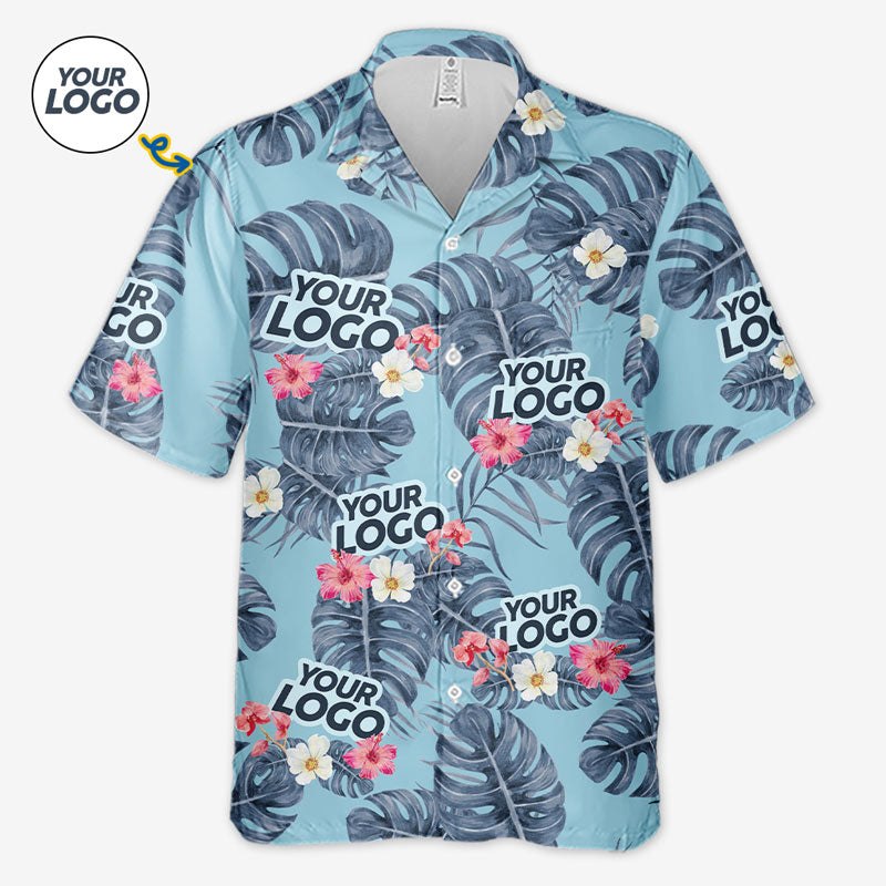 T-shirt hawaïen unisexe personnalisé avec photo et feuilles tropicales - Ambiance estivale - Logo de l'entreprise - Cadeau vacances d'été, cadeau pour collègue ou membre de l'équipe