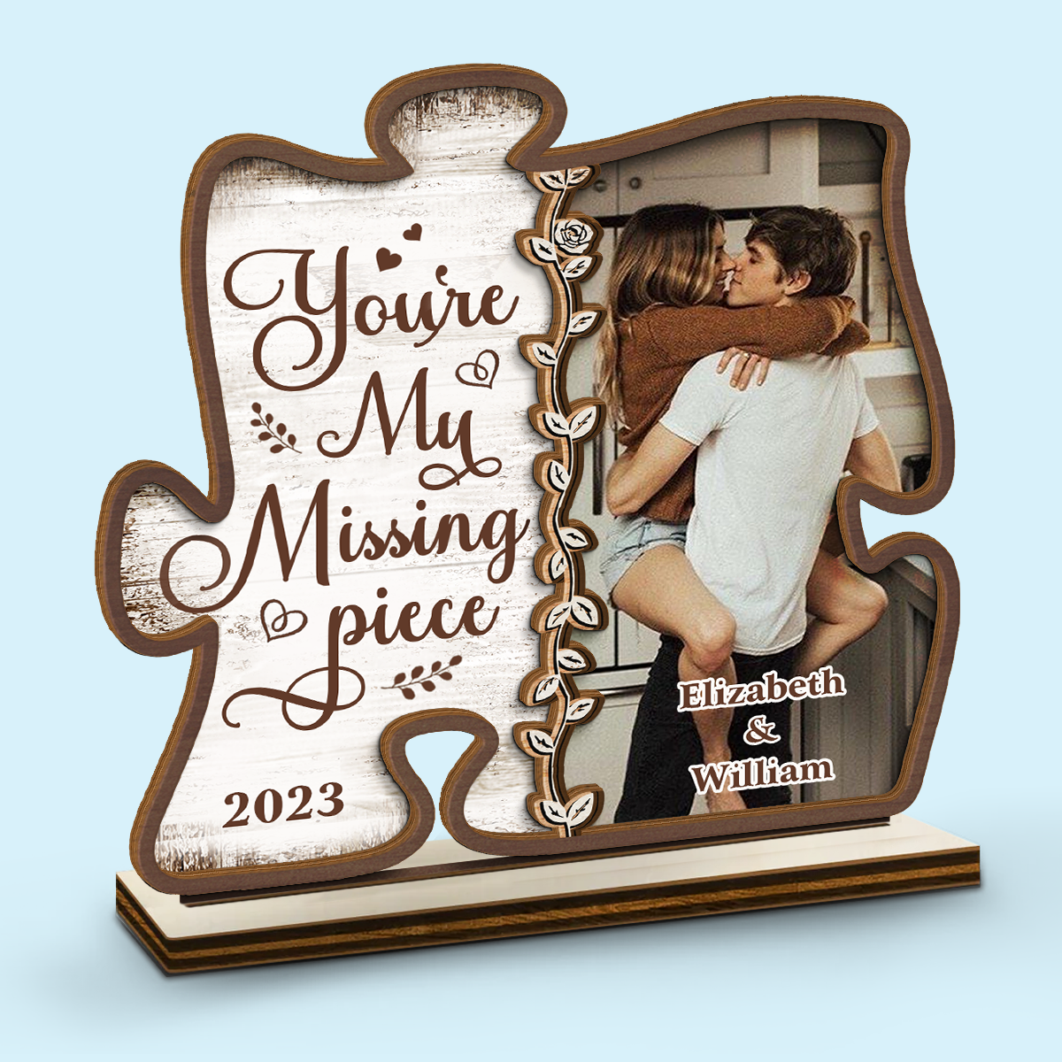 Custom Photo Loving You Is Easy - Couple Personalized Custom Shaped 2-Layered Wooden Plaque With Flat Stand - House Warming Gift, Gift For Husband Wife, Anniversary