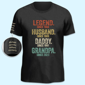 Légende Mari Papa Grand-père - T-shirt unisexe personnalisé avec motif sur la manche - Cadeau fête des pères, anniversaire pour papa, grand-père