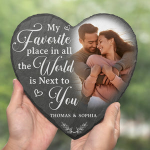 Custom Photo My Favorite Place In All The World Is Next To You - Couple Personalized Custom Heart Shaped Stone With Stand - Gift For Husband Wife, Anniversary