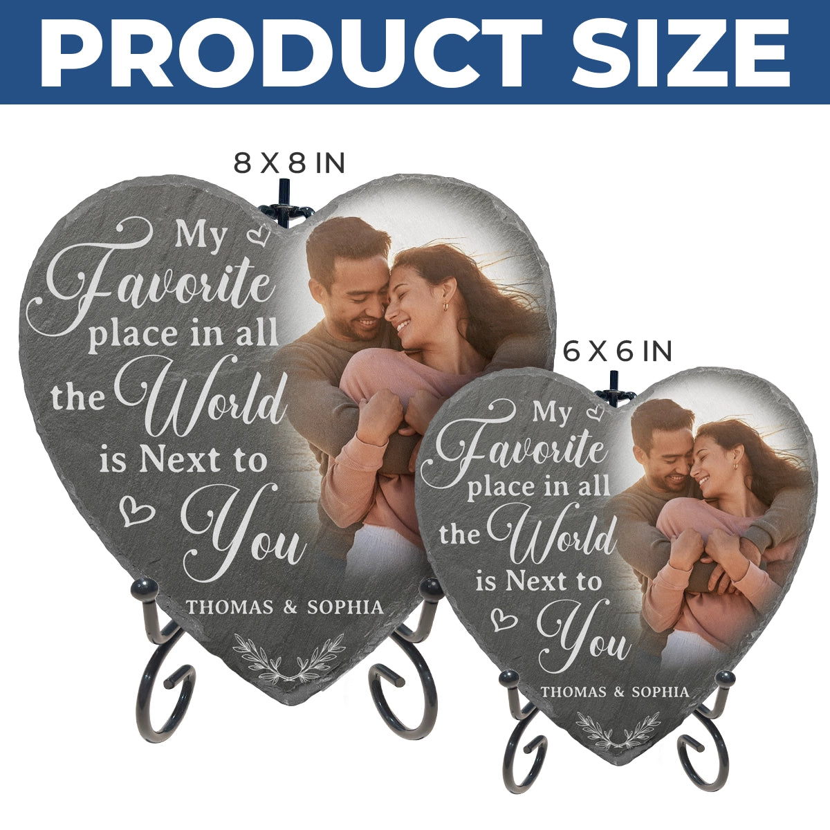 Custom Photo My Favorite Place In All The World Is Next To You - Couple Personalized Custom Heart Shaped Stone With Stand - Gift For Husband Wife, Anniversary