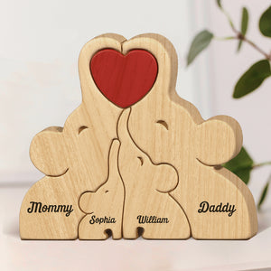 Belle famille - Puzzle en bois personnalisé en forme d'éléphant - Sculptures d'animaux en bois, ornements de table en bois sculpté, décoration en bois sculpté - Cadeau pour les membres de la famille