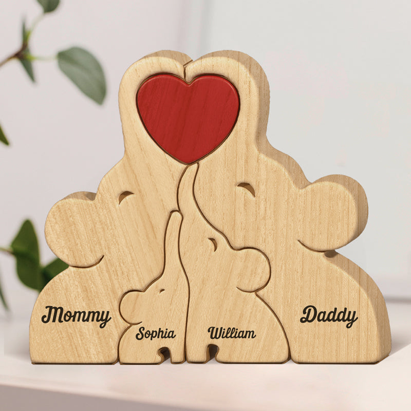 Belle famille - Puzzle en bois personnalisé en forme d'éléphant - Sculptures d'animaux en bois, ornements de table en bois sculpté, décoration en bois sculpté - Cadeau pour les membres de la famille