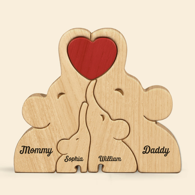 Belle famille - Puzzle en bois personnalisé en forme d'éléphant - Sculptures d'animaux en bois, ornements de table en bois sculpté, décoration en bois sculpté - Cadeau pour les membres de la famille